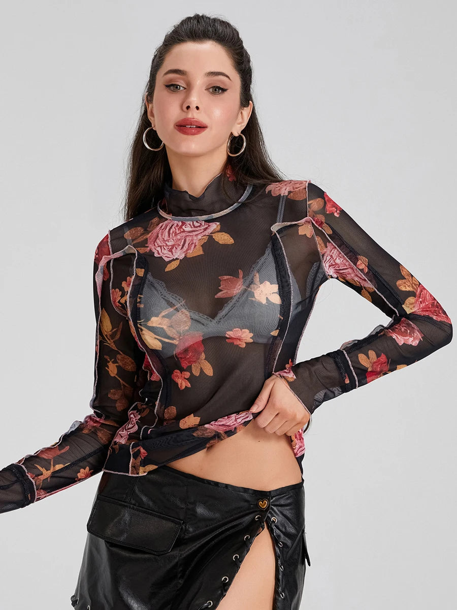 Women s  Mesh Tops Floral Print T-Shirt