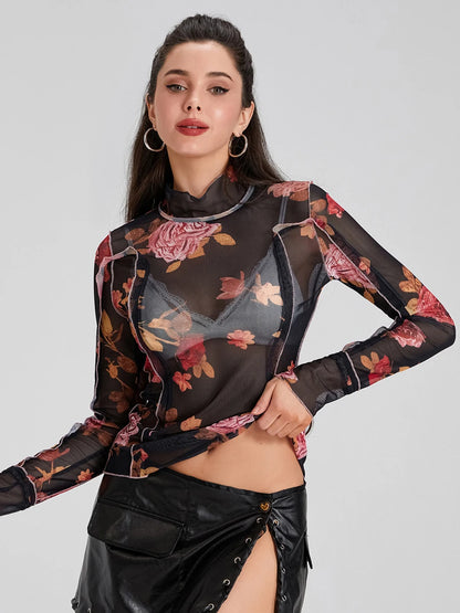 Women s  Mesh Tops Floral Print T-Shirt