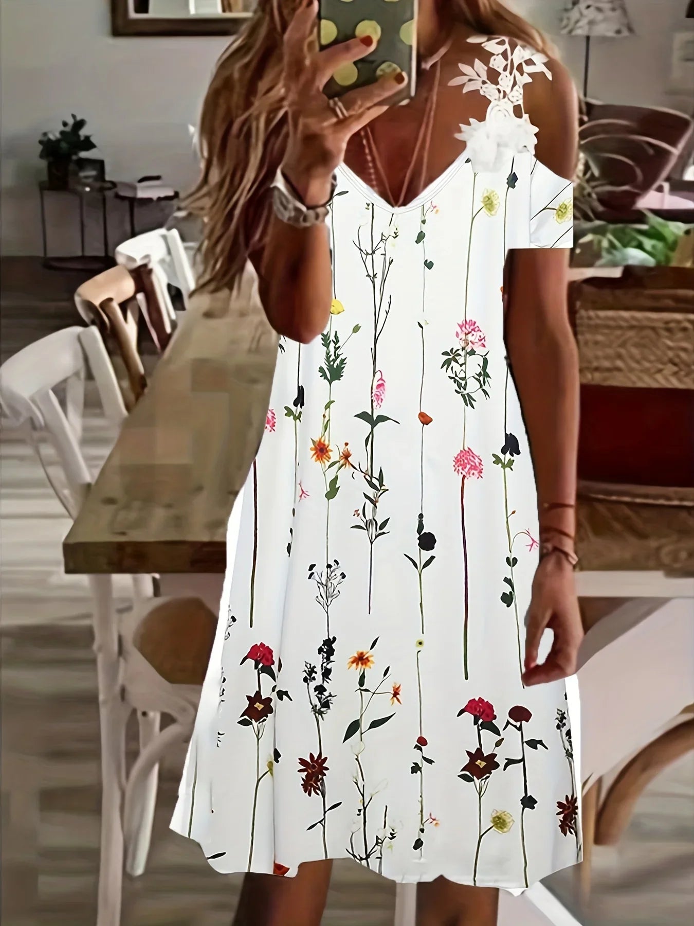 Strapless Lace Batwing Sleeve Dress Print Skirt