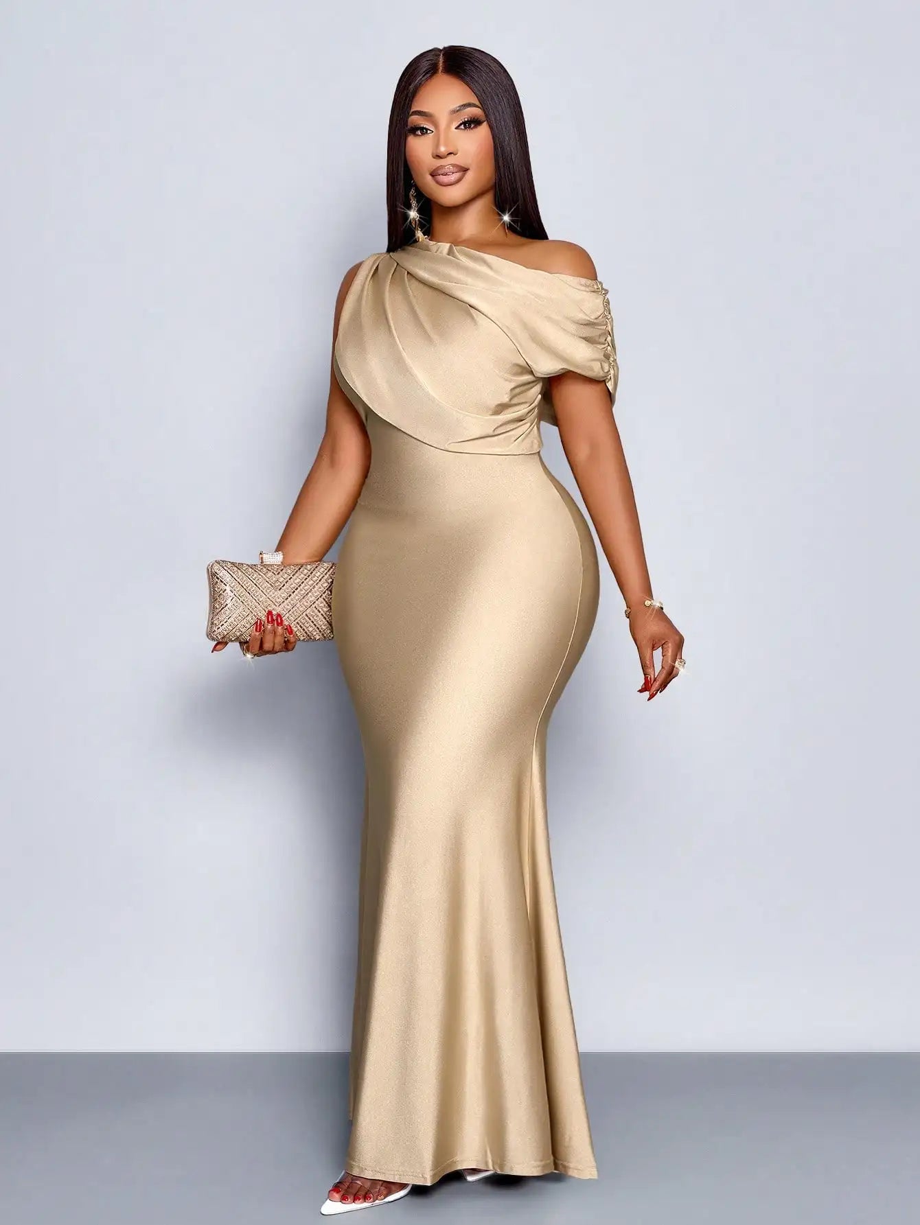 Elegant Off-Shoulder Plus Size Fishtail Evening Dress in Shiny Apricot for Wedding Party