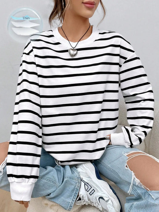 Women's White Black Striped Long Sleeve Sweater