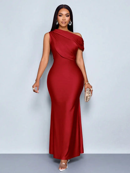 Elegant Satin One-Shoulder Fishtail Maxi Dress