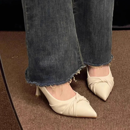 Elegant Ladylike High Heels Retro British Style Pointed Toe Low Cut Women's Shoes Fashionable Minimalist Pure Color Summer Shoes