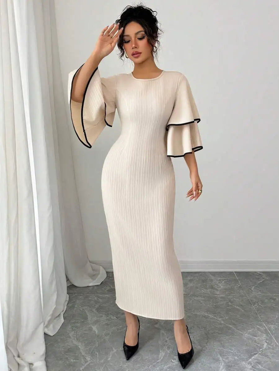 Cream Ribbed Midi Dress