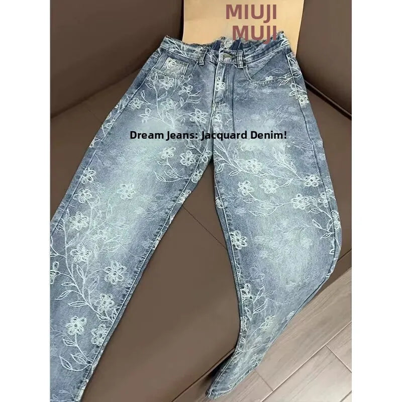 Retro Floral Washed Loose Jeans Casual