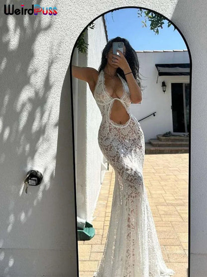 Weird Puss Lace Sexy Halter Dress