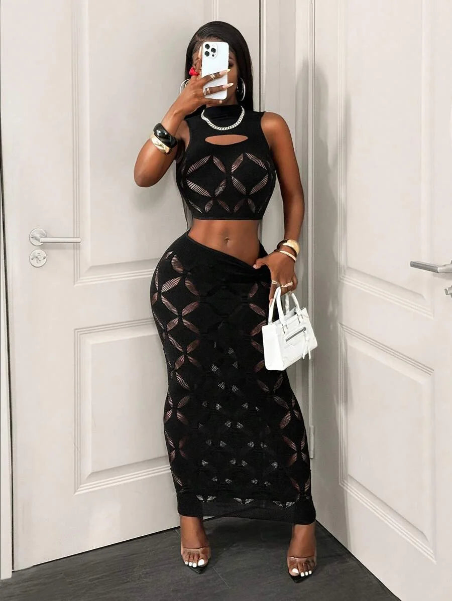 2PCS See-Through Mesh Hollow Out Crop Tank & High Waist