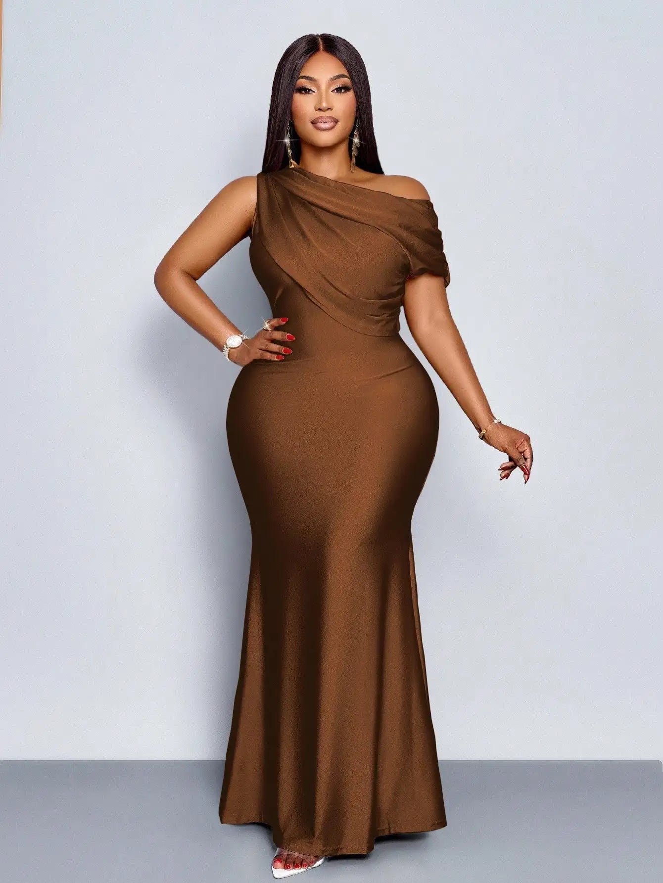 Elegant Off-Shoulder Plus Size Fishtail Evening Dress in Shiny Apricot for Wedding Party