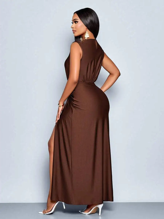 Women's Satin Solid Ruched Waist Sleeveless Maxi Dress