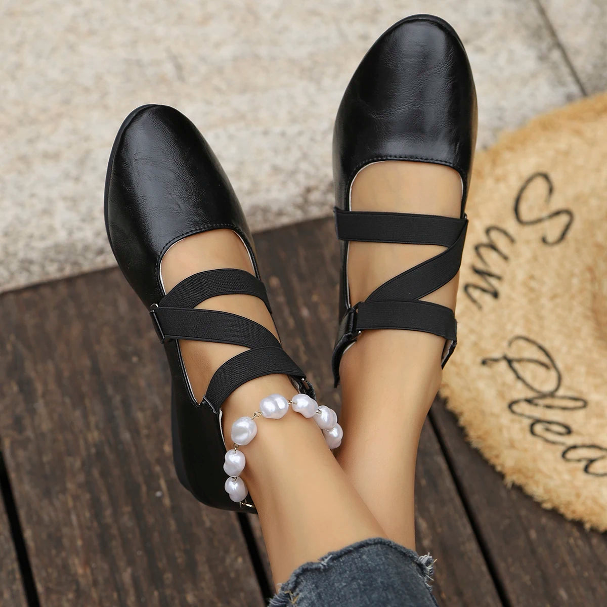Mary Jane Flats with Pearl Ankle Strap