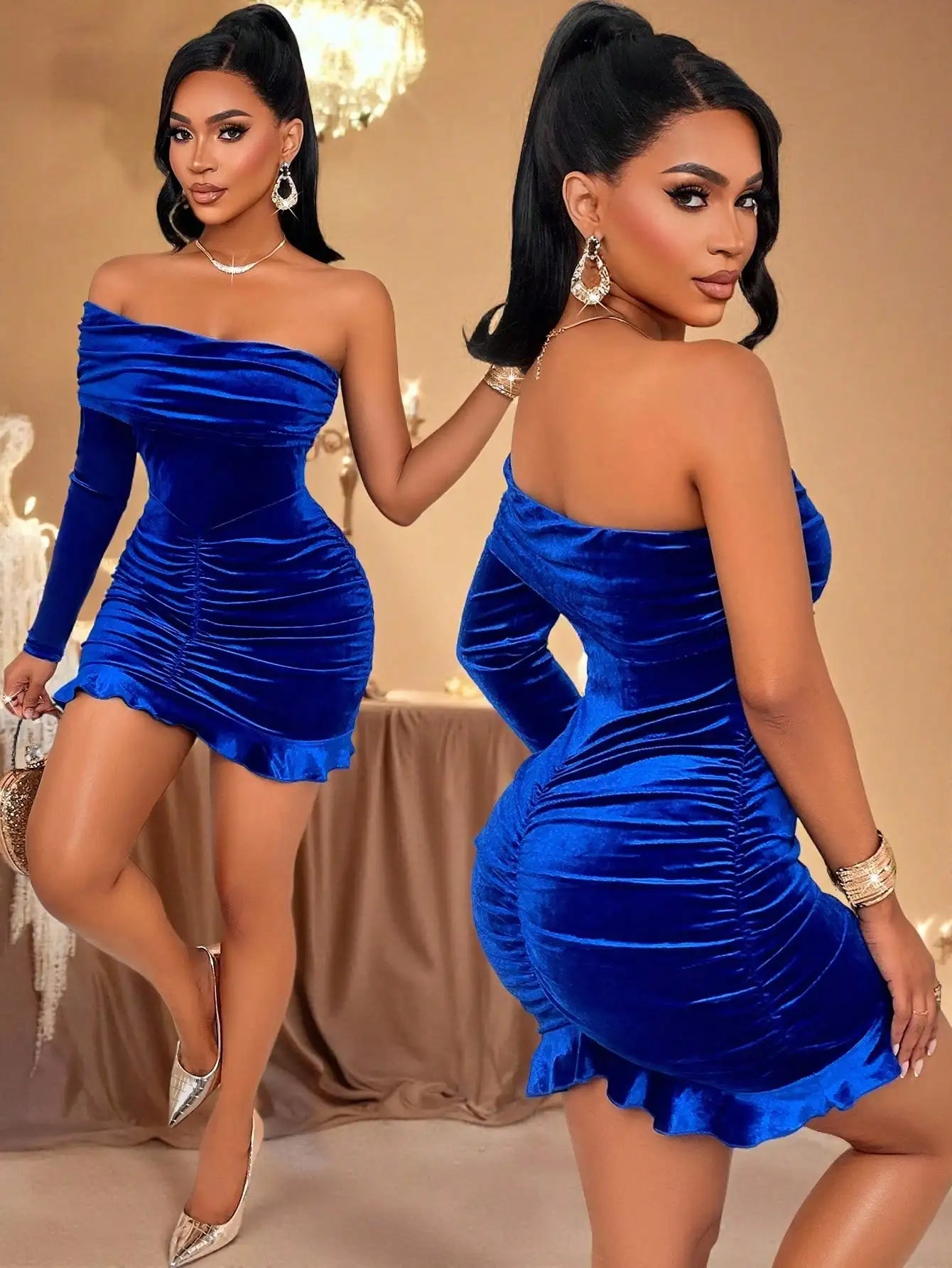 Royal Velvet Off-Shoulder Long Sleeve Mini Dress