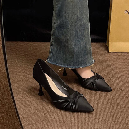 Elegant Ladylike High Heels Retro British Style Pointed Toe Low Cut Women's Shoes Fashionable Minimalist Pure Color Summer Shoes