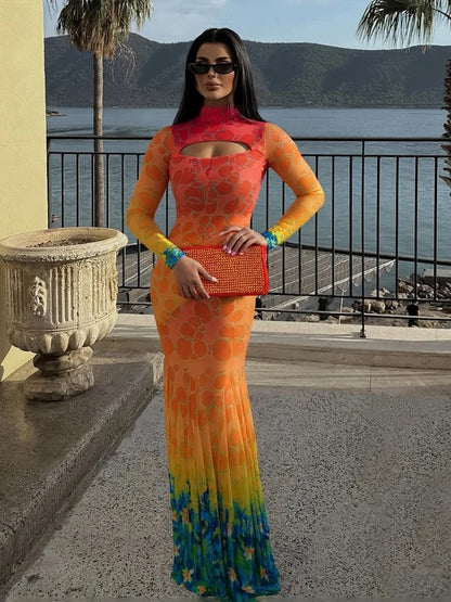 Colorful Print  See Through Sexy Dress