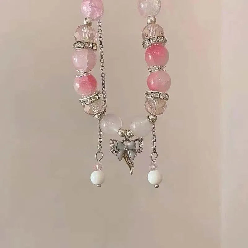 Crystal Flowers Butterfly Pendant Beaded Bracelet