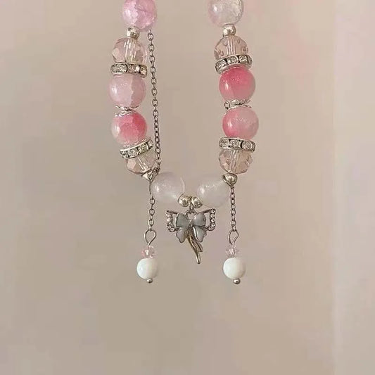 Crystal Flowers Butterfly Pendant Beaded Bracelet