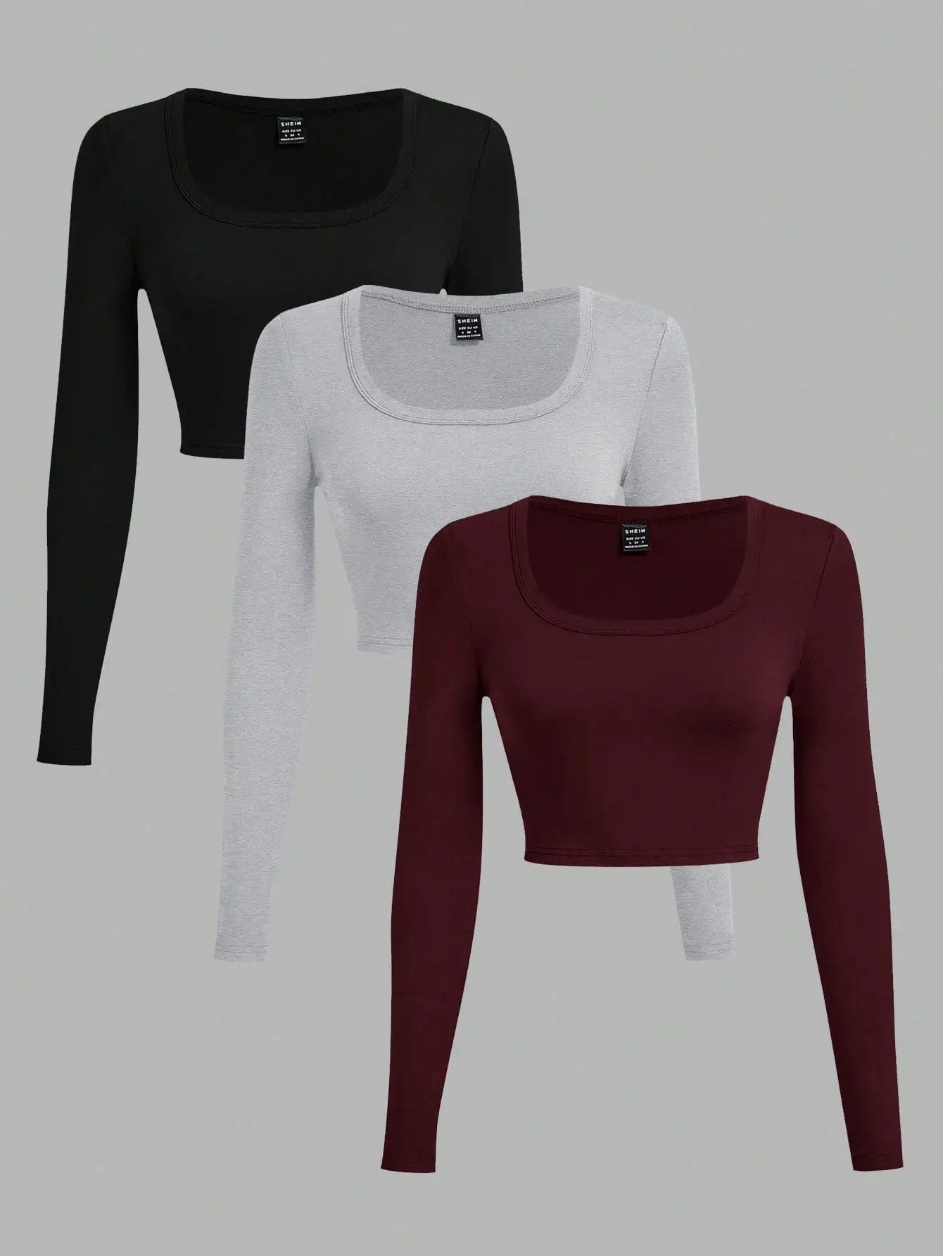 3-Pack Women's U-Neck Cropped Long Sleeve T-Shirts,