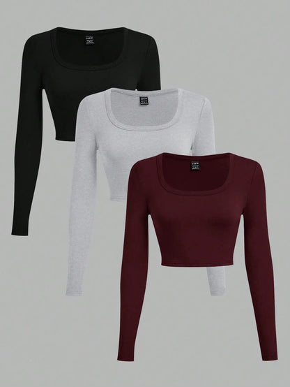 3-Pack Women's U-Neck Cropped Long Sleeve T-Shirts,