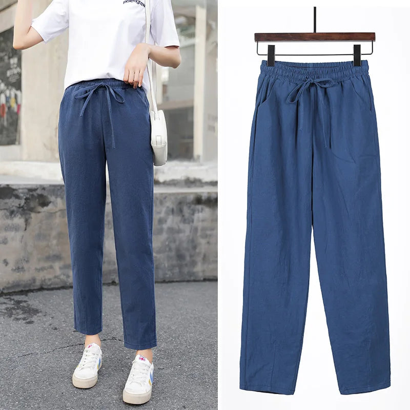 Cotton Linen Solid Elastic Waist Pants
