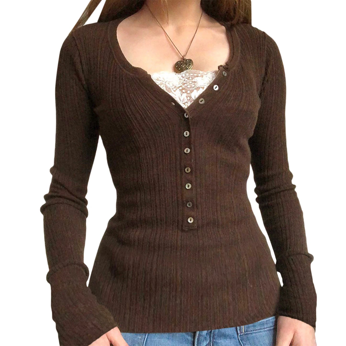 Button Front Knit Tops Long Sleeve