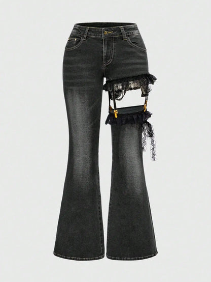 Lace Patchwork Low Waist Flared Denim Jeans