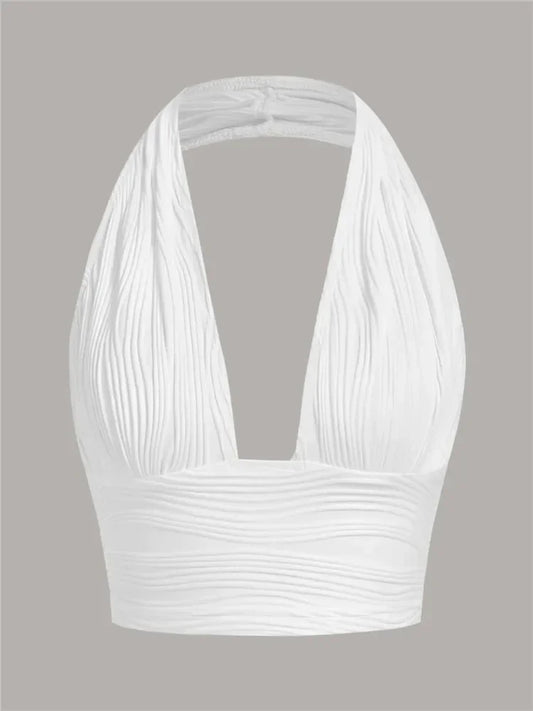 Solid White Backless Crop Halter Top