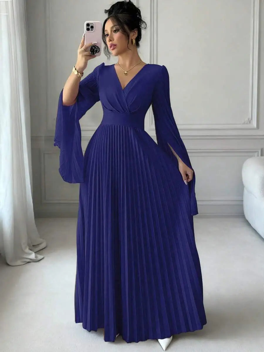 V-Neck Pleated Maxi Dress