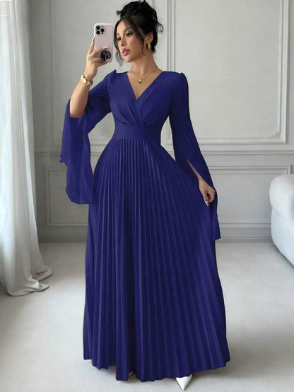 V-Neck Pleated Maxi Dress