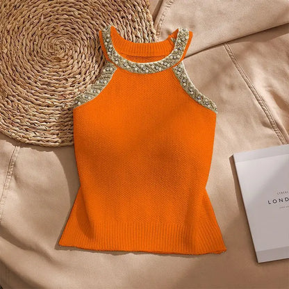 Fashionable Embroidered Flares  O-neck Sleeveless T-Shirts