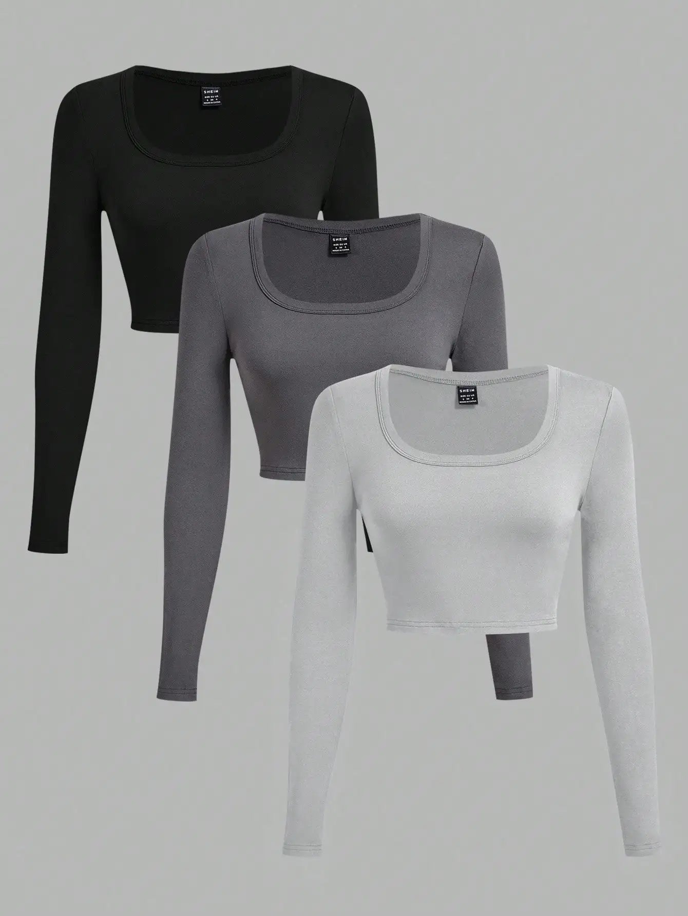 3-Pack Women's U-Neck Cropped Long Sleeve T-Shirts,