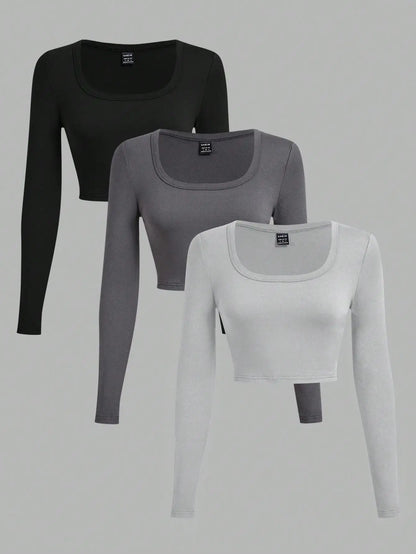 3-Pack Women's U-Neck Cropped Long Sleeve T-Shirts,