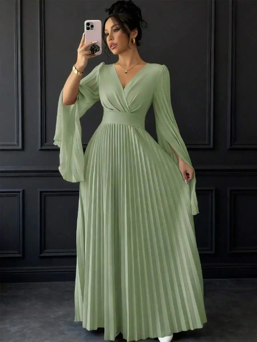 V-Neck Pleated Maxi Dress