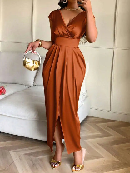 Elegant Black Satin V-Neck Wrap Dress