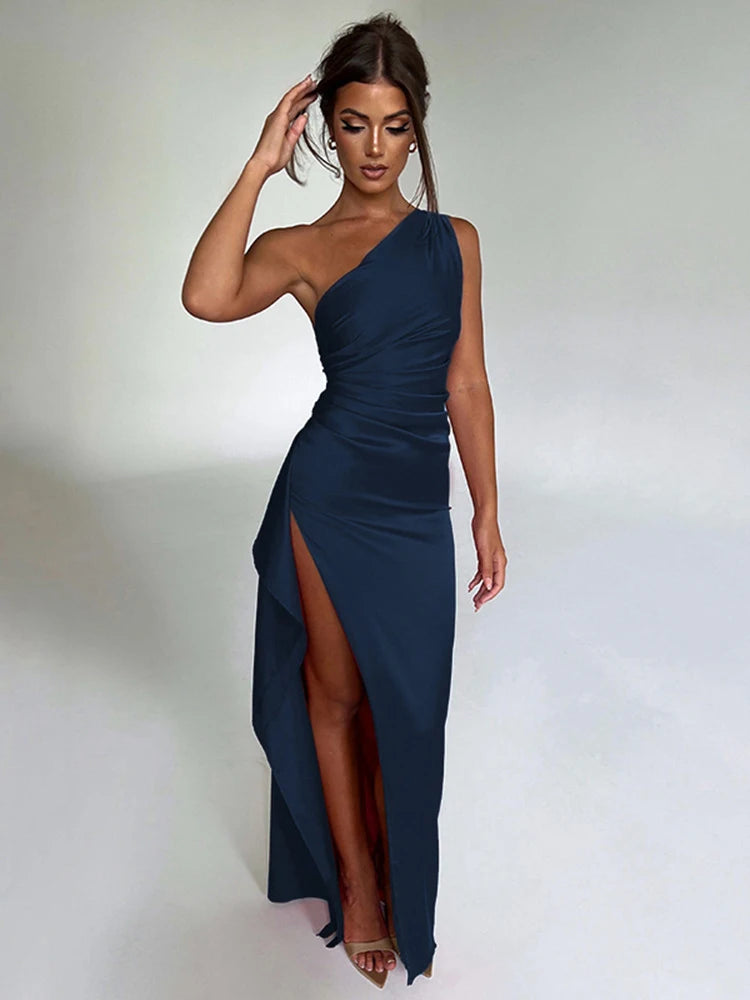 One Shoulder Satin Dress Backless High Split