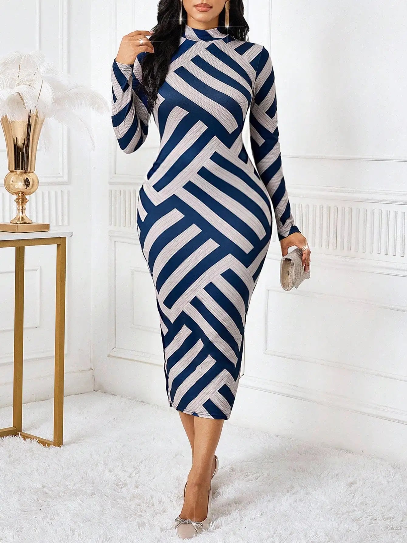 Geometric Print High-Neck Long Sleeve Dress