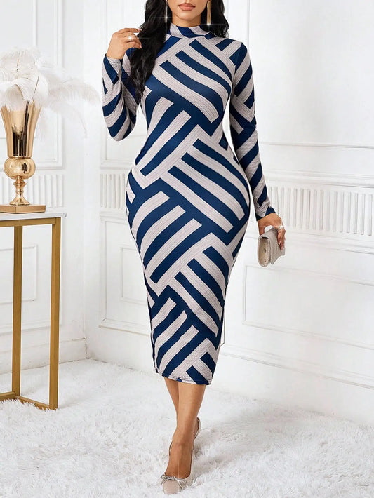 Geometric Print High-Neck Long Sleeve Dress