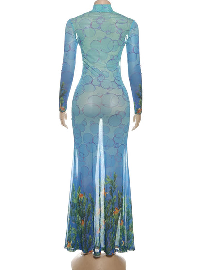 Colorful Print  See Through Sexy Dress