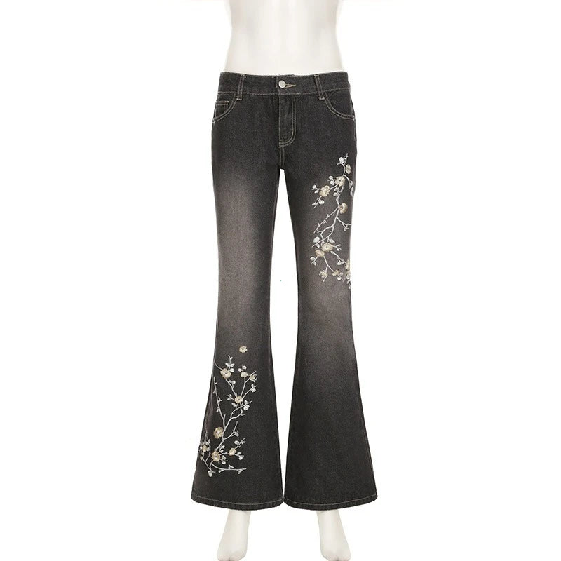 Floral Embroidery Jeans Vintage