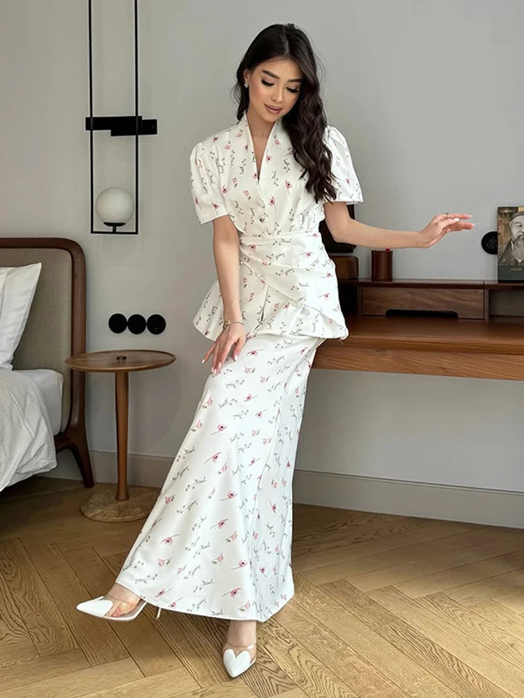 Floral Printed Blazer Shirt Maxi Skirt 2 Piece