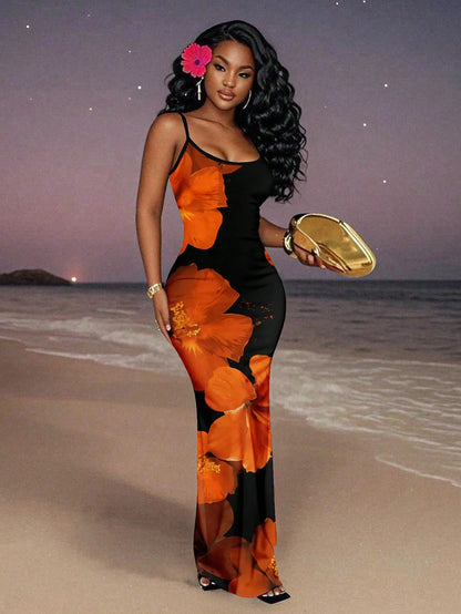 Elegant Black Red Floral Maxi Dress