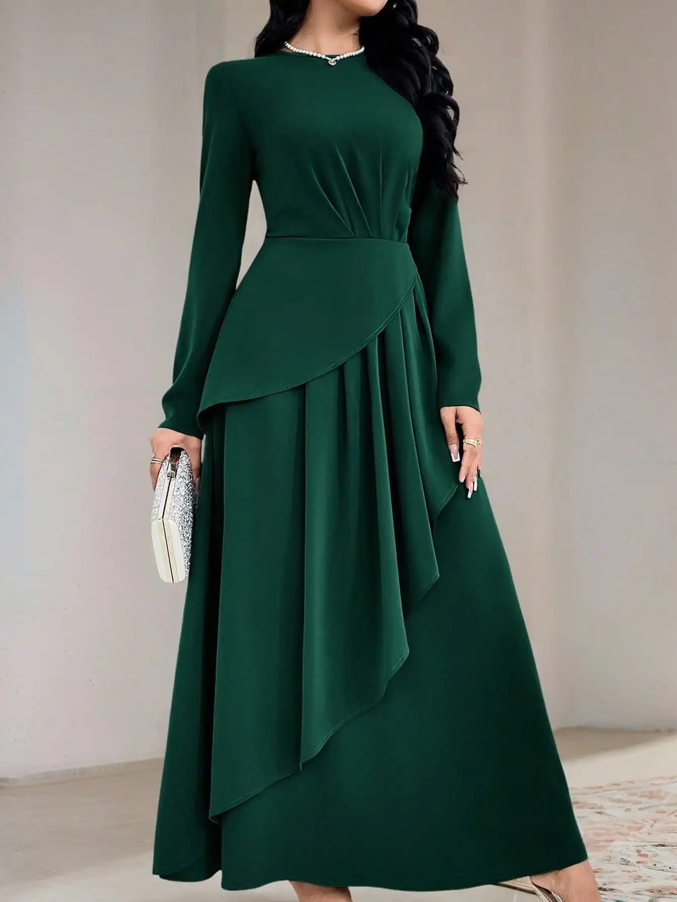 Sage Green Round Neck Long Sleeve Dress
