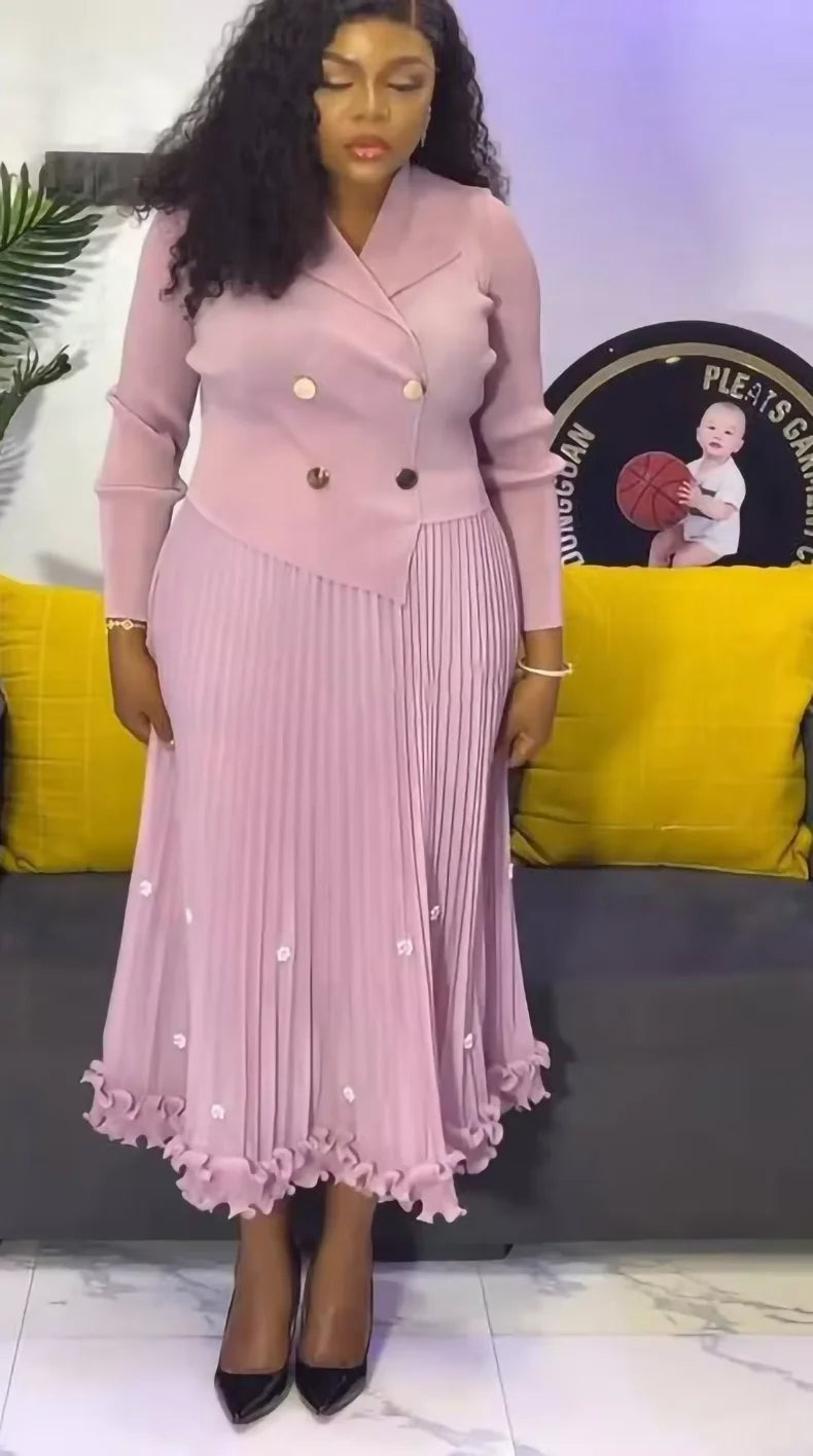 Pleated Long Dress Double Breasted