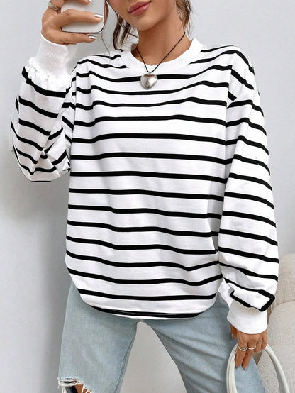 Women's White Black Striped Long Sleeve Sweater