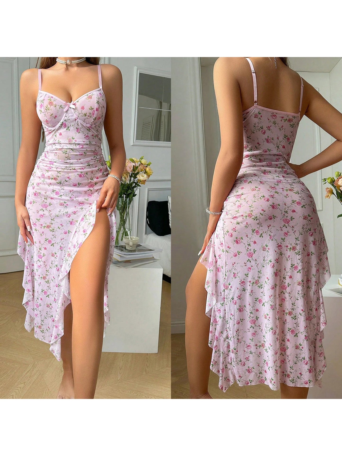 Lace Trimmed Satin Nightgown Spaghetti Strap