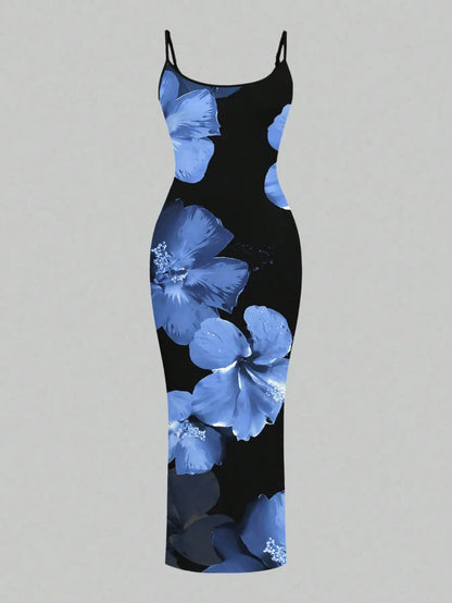 Elegant Black Red Floral Maxi Dress