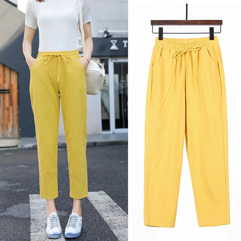 Cotton Linen Solid Elastic Waist Pants