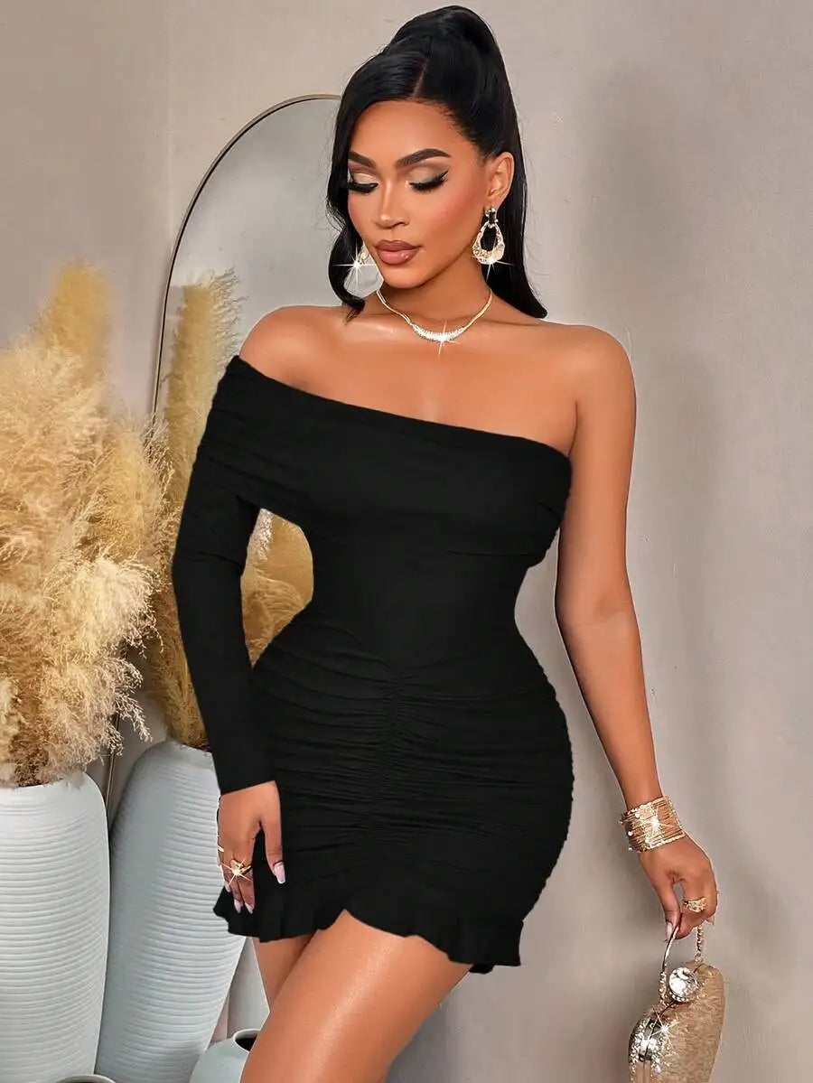 Royal Velvet Off-Shoulder Long Sleeve Mini Dress