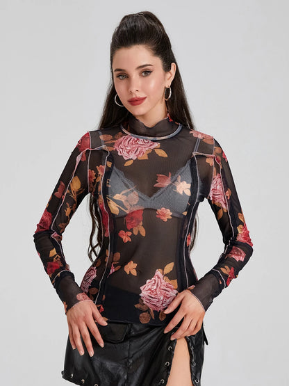 Women s  Mesh Tops Floral Print T-Shirt