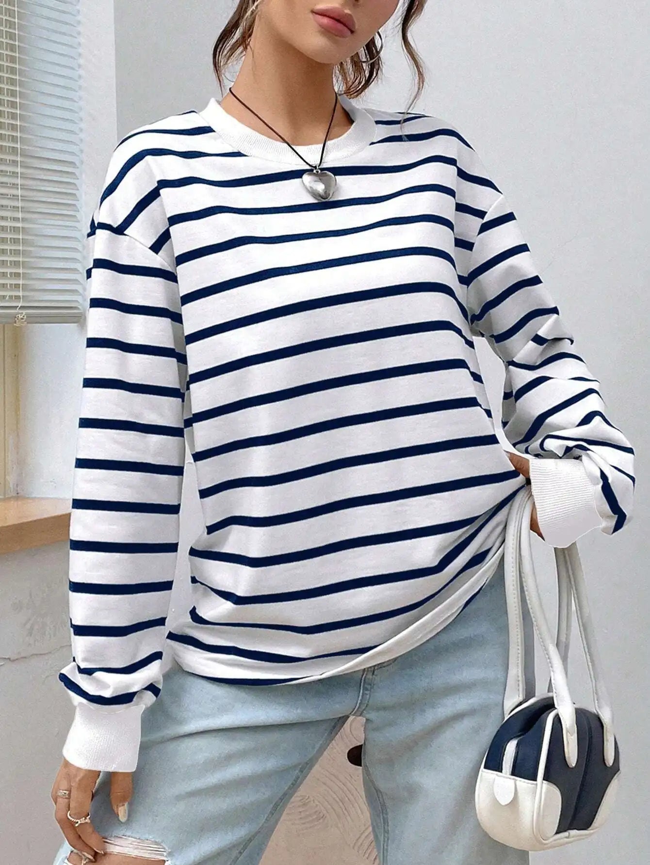 Women's White Black Striped Long Sleeve Sweater