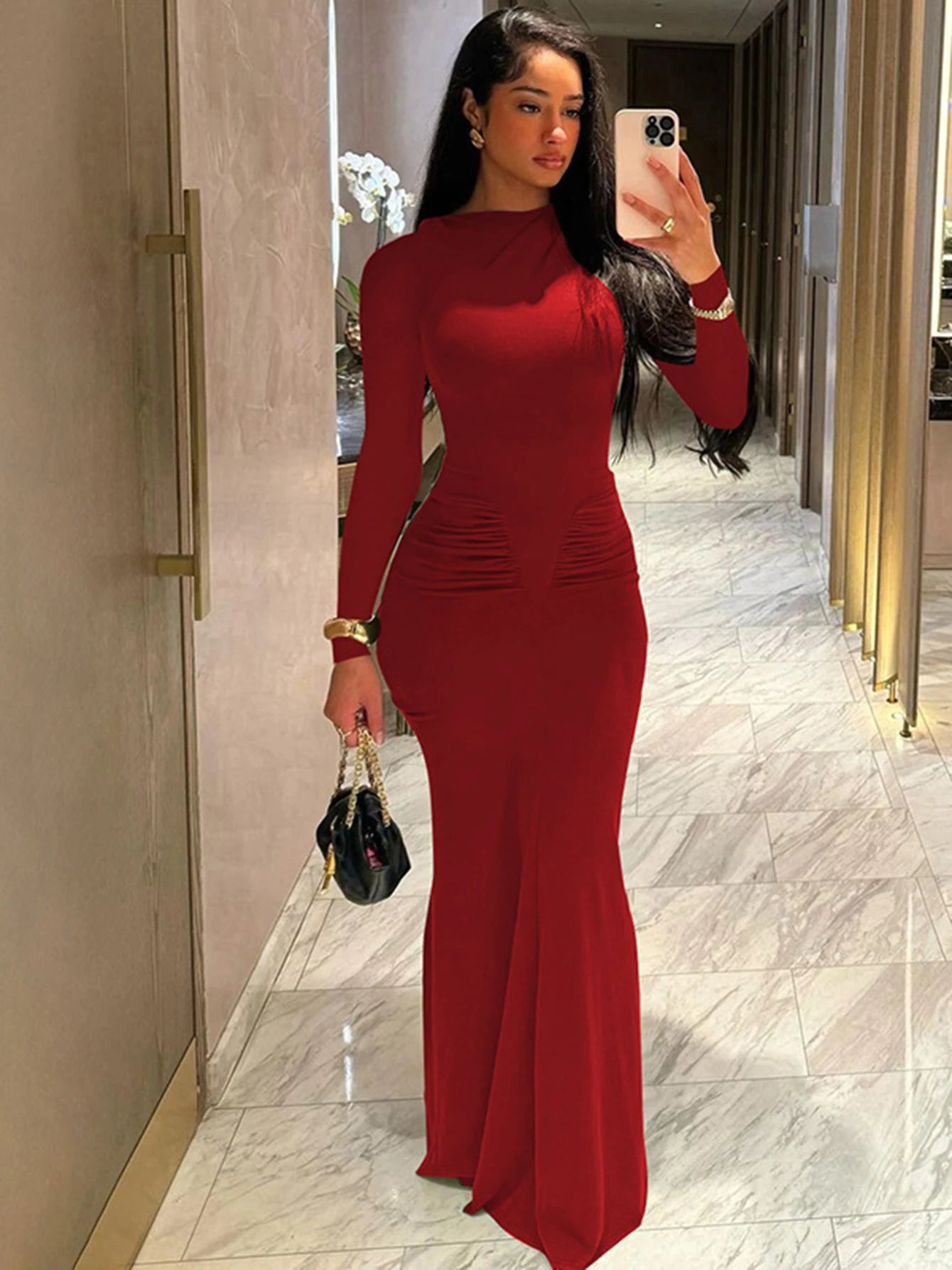 Long Sleeve Draped Sexy Bodycon Maxi Dress