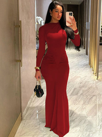 Long Sleeve Draped Sexy Bodycon Maxi Dress